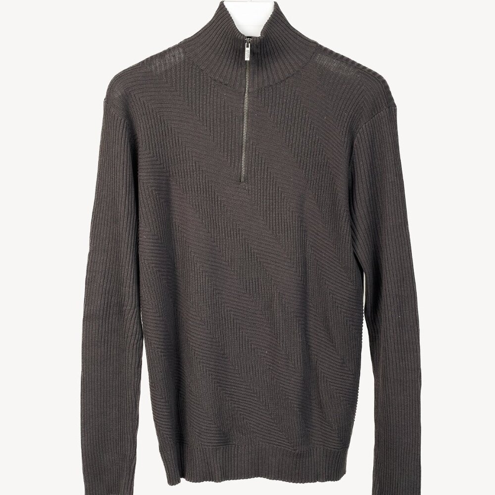 Armani Collezioni Brownish-Grey Ribbed Silk-Blend Knit 1/2-Zip Pullover
